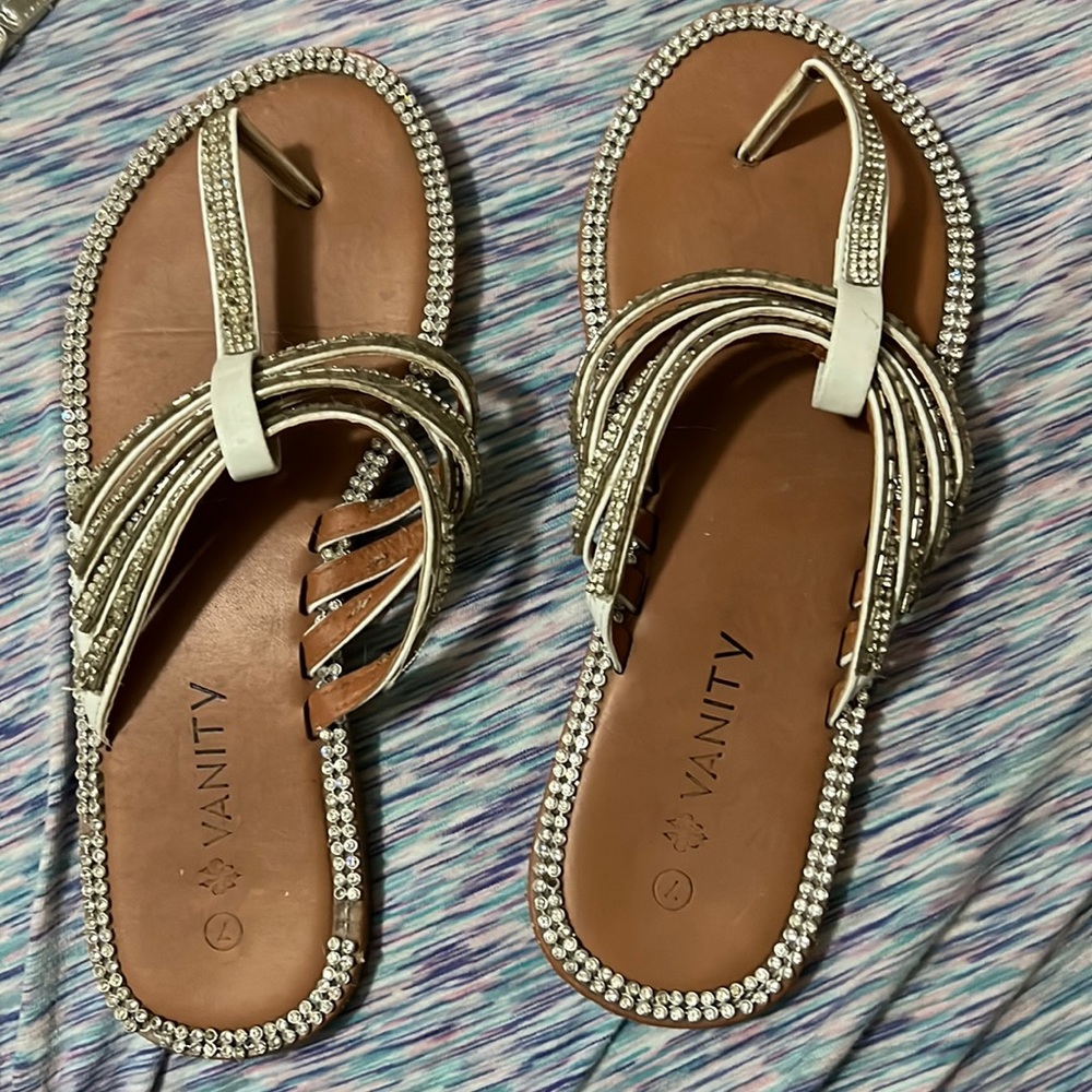 Silver, white, and tan Vanity sandals